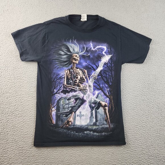Y2K Cyber Shirt Mens Small Black Graphic Skull Tattoo Goth Metal Grunge Guitar - Picture 2 of 9
